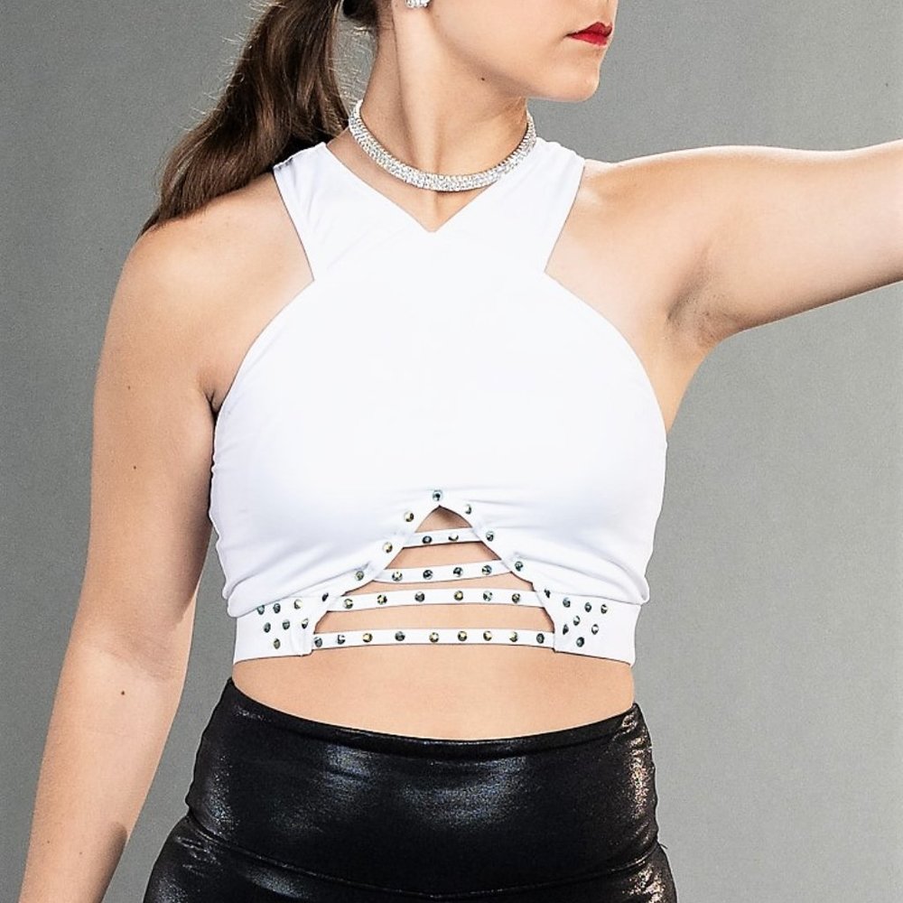 Balera White Dance Top with Black Xilion Swarovski